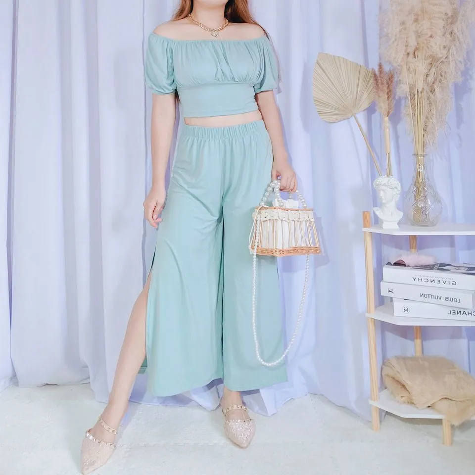 Buy Krizia Back Slit Blouse With Trimmings And Crystal Necklace And Garter  Waist Square Pants Set 2024 Online | ZALORA Philippines