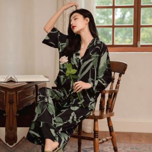 Women Pajama Set Ice Silk Thin Long Sleeve Suit Sleepwear Large Size Printed Home Wear
