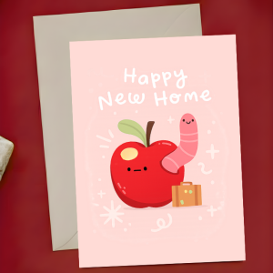 Funny New Home Card - Happy New Home | Apple Worm with Suitcase New House| A6 Greeting Card | Free Envelope