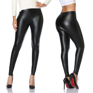 Fashion Women PU Leather Black Pants High Waist Slim Leather Legging Skinny Fleece Trousers Push up Leggings