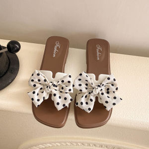 [Free Shipping] Gentle style polka dot fabric bow slippers with low chunky heel and soft sole for outdoor wear womens slippers