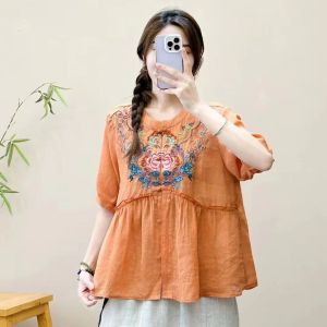 Luckin Store áo Áo Blouse Vải lanh Cotton dân tộc áo thêu mùa hè mới 2025 Áo cardigan nghệ thuật phong cách Trung Quốc nút rộng Retro