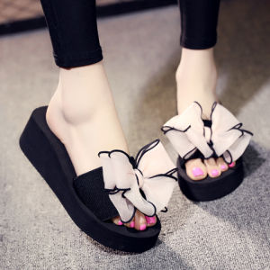 [Free Shipping] New thick-soled wedge flip-flops with bow for women summer non-slip beach shoes for outdoor wear