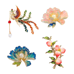 เข็มกลัดเคลือบ Fenghuang สำหรับผู้หญิงเสื้อผ้าสไตล์วินเทจเข็มกลัดช่อดอกไม้งานแต่งงาน