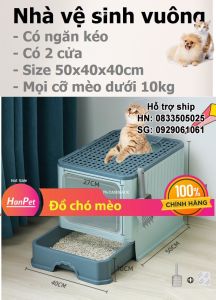 Nhà vệ sinh cho mèo VUÔNG có ngăn kéo khép kín có cửa vào ra riêng chống văng cát kèm xẻng