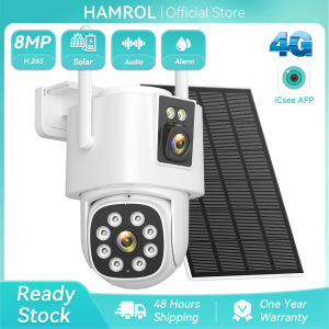 Hamrol 4k 8MP Dual Lens Dual Screen 4G AOV PTZ Solar Battery Camera Alarm Remind Waterproof CCTV