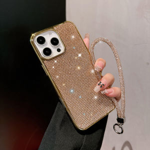 Luxury Bling Pu Leather Phone Case for iPhone 16 Pro Max 15 Plus 14 13 12 11 Diamond Strap Glitter Shockproof Anti Drop Cover