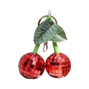 Sparkling Disco Cherry Mirror Pendant Keychain Bag Charm Glossy Retro Accessory For Keys Purse Decoration
