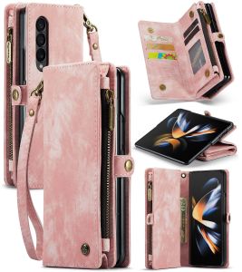 HOCE For Galaxy fold6 fold5 fold4 Multifunctional Zipper Durable PU Leather Wallet Phone Case For samsung Galaxy Z Fold 4 Fold 5 Fold 6 5G Zipper Retro Cover Flip Cases with Wristband
