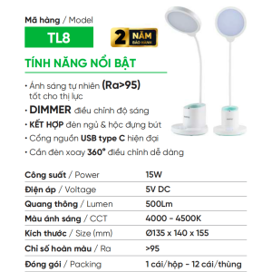 (MPE) Đèn bàn đa năng TL7 10W TL8 15W Điều chỉnh độ sáng Cần xoay 360 độ Nút dimmer Hộc đựng bút