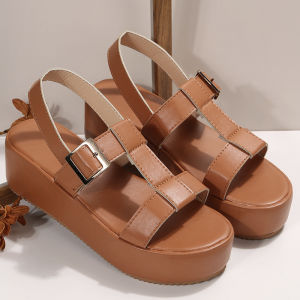 [Free Shipping] Korean-Style Platform Sandals With Buckle Closure Open-Toe Design Wedge Heel Round Toe And A T-Strap Style Perfect For The Beach