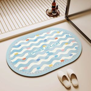 LEBI Summer Holiday Themed Oval Bath Mat with Colorful Fish Design Quick-Drying & Anti-Slip for Bathroom Kitchen and Entryway