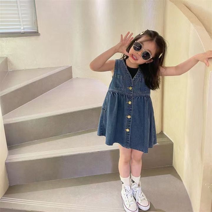 Baby Girl Suspender Denim Dress Solid Color New Spring Children