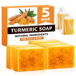 Treeroot 5 Pack 80g Turmeric Kojic Acid Soap Bar for Face and Body Gentle Daily Cleansing Care with Retinol Collagen Vitamin C and Shea Butter SLS Free Natural Skin Cleanser