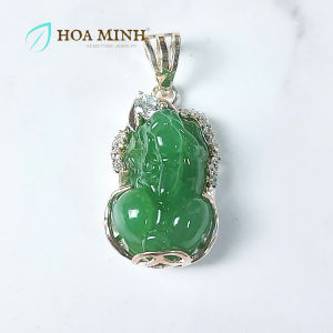 Mặt dây chuyền cụ Tỳ Hưu đá màu xanh bọc bạc S925 đính đá phong thủy may mắn Hoa Minh Gem