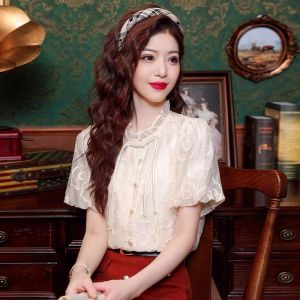 Blouses Women New Chinese Style Button Up Short Sleeved Shirt with Standing Collar At The Ear Bubble Sleeves New Embroidered Top