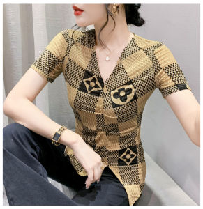 REHIN Summer new printed mesh short-sleeved V-neck T-shirt irregular split slim-fit top highlighting a slender figure women blouse