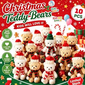 Mini Christmas Plush Teddy Bear Toy Set Cute Stuffed Bear with Knitted Hat Scarf DIY Ornament for Xmas Tree Cake Topper Flower Bouquet Noche Buena Holiday Party Decor Perfect Kids Gift