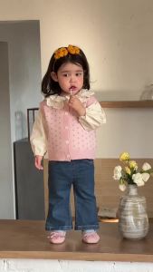 Girls knitted vest 2026 Korean-style childrens clothing spring outfits for kids baby shirt and jeans set for spring