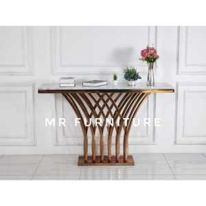meja konsul top marmer putih carrara stainless rose gold