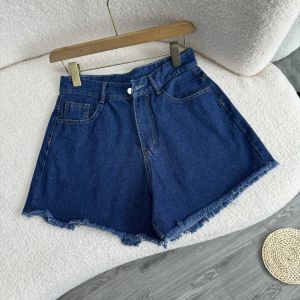 Quần đùi jean bigsize nữ lưng cao tua lai rách đậm nhạt Quần short bò nữ một khuy ống rộng lật lai  58-93kg J1