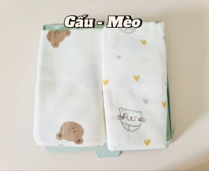 Hộp 2 khăn sợi tre 2 lớp GEE 75 x 75 cm họa tiết Thỏ-Mèo- Gấu-Thỏ Gấu-Mèo chất liệu sợi tre mềm mại thấm hút an toàn cho làn da trẻ sơ sinh