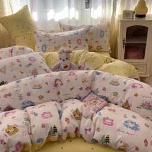 Cartoon Cat Quilt Cover Four-Piece Set Bed Sheet Quilt Cover Single Piece Girl Bedding Student Dormitory Three-Piece Set LZD