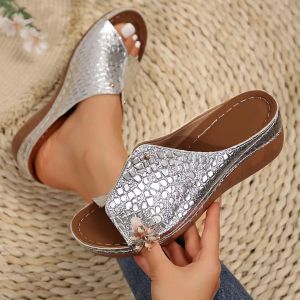 [Free Shipping] Plus-Size WomenS Thick-Soled Fish-Mouth Sandals With Stone-Patterned Wedge Heels Perfect For The Beach