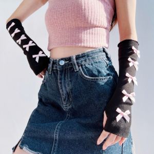 VCH Elastic Y2K Warm Sleeves Ballet Style Bowknot Bow Knitted Gloves Arm Cover Long Mittens Fingerless Arm Warmers Lolita