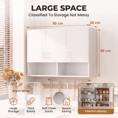 Modern Wall Mounted Kitchen Cabinet Hanging Storage Cupboard with Open Shelf Wooden Wall Cabinet Organizer for Kitchen Bathroom Bedroom