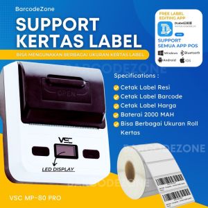 PRINTER LABEL THERMAL VSC MP-80L PRO LABEL HARGA RESI ALAMAT- PORTABLE BATERAI