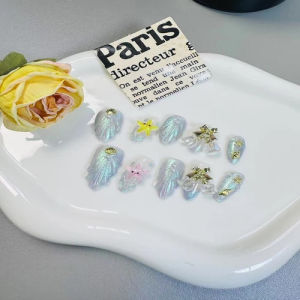 【HANDMADE+Free Glue】Real Photos Press on Nails Summer cool flash shell pattern Aurora blue nails with crystal bells almond nails Phototherapy Fake Nail Patch Artificial Nail Reusable