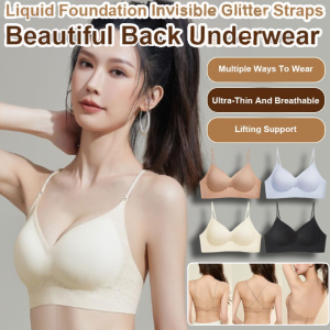Womens Large Backless Large Shoulder Strap Bra Fine Shiny Strap Foundation Liquid Invisible Underwear 闪亮肩带露背内衣