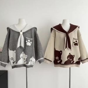 Áo khoác kiểu dáng thời trang mới cho nữ mùa xuân thu và đông áo len cổ áo hải quân Hàn Quốc phong cách đại học mèo con dễ thương thiết kế thời trang rộng rãi.
