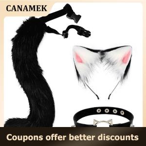 【 CANAMEK 】 1 3Pcs Fox Tail Ears Cute Paw Gloves Plush Set Cosplay Animation Exhibition Halloween Party Props