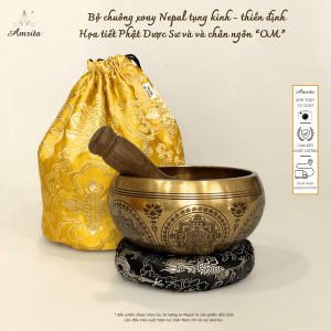 Bộ chuông xoay Nepal tụng kinh – thiền định Họa tiết Phật Dược Sư và và chân ngôn “OM” CXNP13