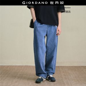 Giordano Men Pleated mid rise loose washed denim jeans Free Shipping 18116203