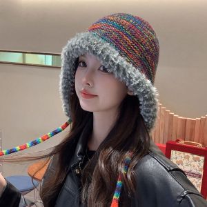 BAIXL Màu tương phản Mũ dệt kim sọc Vải nhung lông Chống gió Mũ len dệt kim Dễ thương Phong cách Hàn Quốc Mũ bảo vệ tai Mùa đông/Mùa Thu