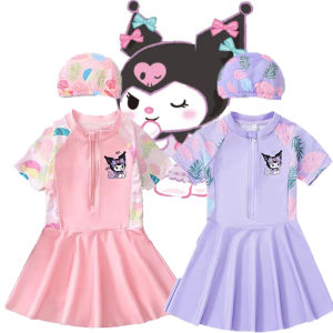 Kuromi Swimsuit for Kids Girl Pink Blue short Sleeve One-Piece Zipper Swimwear  Beachwear Swimming Suit For Baby Girls Dress Glasses Bag Set