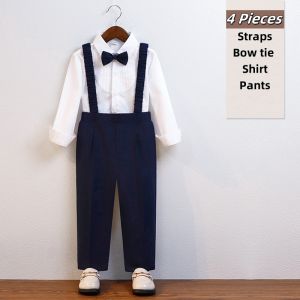 LOlanta Christmas Kids Boy Gentleman Formal Suit Vest White Pleated T-shirt Suspenders Pants Bow Set Children Birthday Party Wedding Clothing 1-11 Years