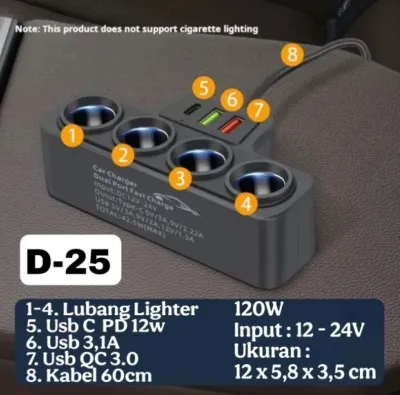BISA COD - Socket Lighter Splitter Car 120W USB PD Fast Charger Extension