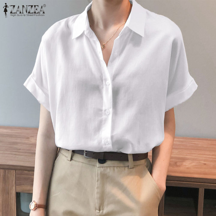 Fancystyle ZANZEA Women Short Sleeve Collared Button Up Shirt Tops Summer  Casual Loose Blouse Plus #98