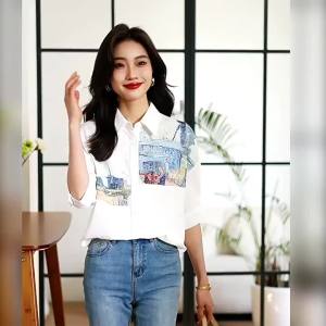 Ammin เสื้อเชิ้ตพิมพ์ลายนกกระเรียนสยายปีกแขนสั้นผู้หญิงสไตล์เกาหลีเสื้อเข้าชุดเสื้อพิมพ์ลาย