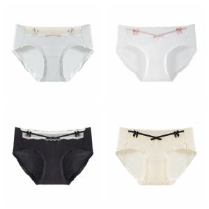 WISH BOUTIQUE 4Pcs ระบาย กางเกงในลูกไม้โบว์ กลางเอว ผ้าฝ้ายบริเวณเป้า กางเกงในหวาน ง่าย ชุดชั้นใน ชุดชั้นในสำหรับผู้หญิง สาว