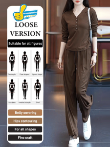Womens Spring Casual Comfortable Suit Lightweight Comfortable Vneck Top And Skinfriendly Straight Pants Suit 显瘦亲肤舒适两件套