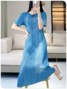 NOVA⭐ Miyake Same Paragraph* Miyake Pleated Dress Short Sleeve Spring/Summer Loose Large Pleated Skirt Mid-length Fashion Printed Denim Skirt