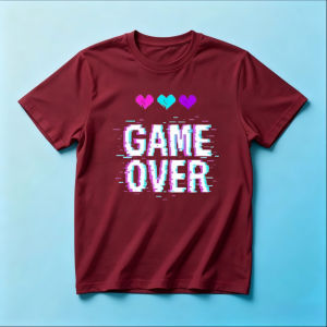 GAME OVER Pixel Hearts Summer Men Cotton T-Shirts Pink Cyan Purple Pixel Hearts Print Retro Arcade Gaming Holiday Apparel