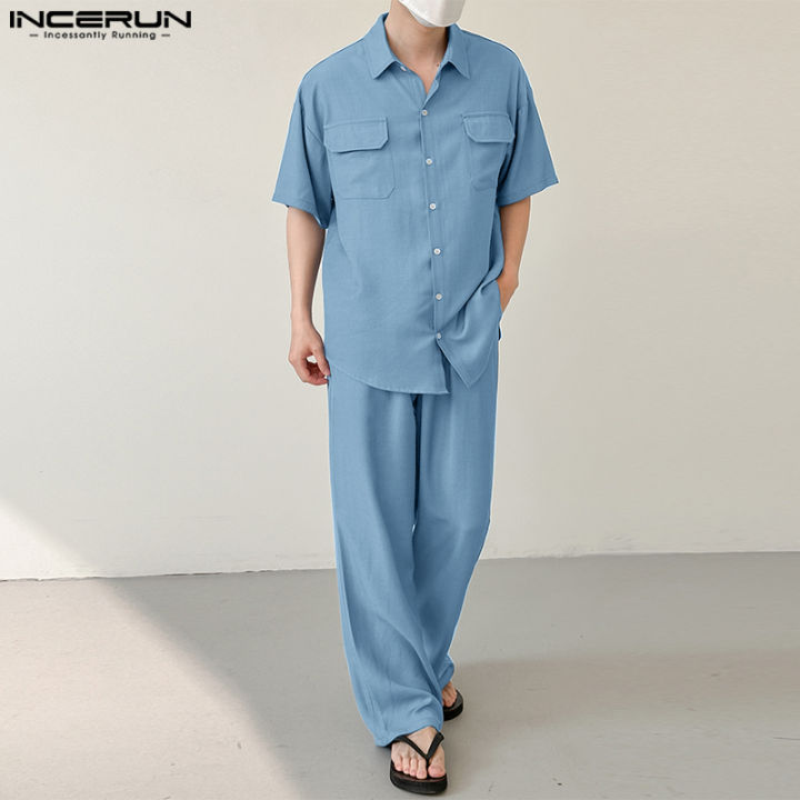INCERUN Mens Korean Style Lapel Button Down Shirts Tops Wide Leg ...