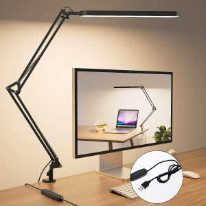 【High Quality】 LED Folding Desk Lamp Metal Swing Long Arm Lamp Eye-Caring Dimmable Table Lamp ledFlexible Arm Table Lamp led 3 Color Modes 10 Brightness Dimming Reading Light with USB PortMemory FunctionCilp