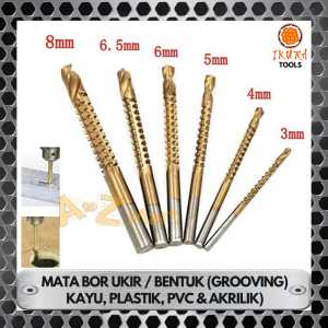 KEPALA MATA BOR GERGAJI LUBANG MELUBANGI MEMBOLONGI UKIR KIKIR BENTUK KAYU PLASTIK PIPA PVC AKTILIK ACRILIC HSS TITANIUM COATING GROVING GROOVING DRILL BIT SET 6 PCS UKURAN SIZE 3 4 5 6 6.5 8 MILI MM 3MM 4MM 5MM 6MM 6.5MM 8MM TAJAM KUAT